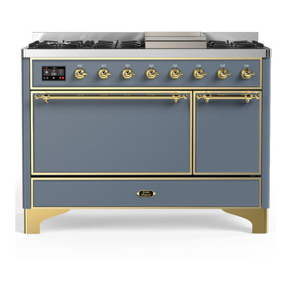 ILVE Majestic III 48" Blue Grey Dual Fuel Range with 8 Burners and Griddle Solid Door Liquid Propane