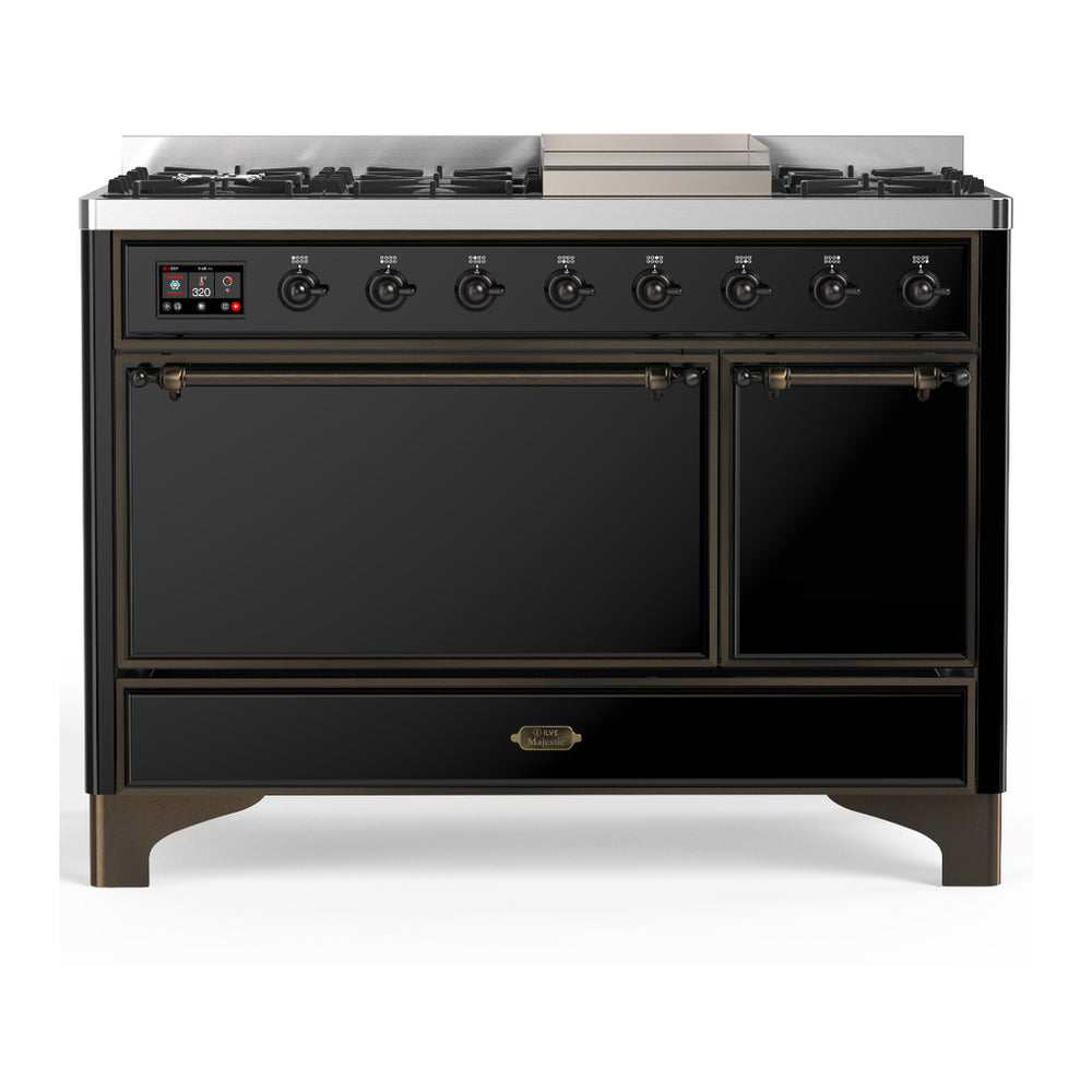 ILVE Majestic III 48" Glossy Black Dual Fuel Range with 8 Burners and Griddle Solid Door Natural Gas