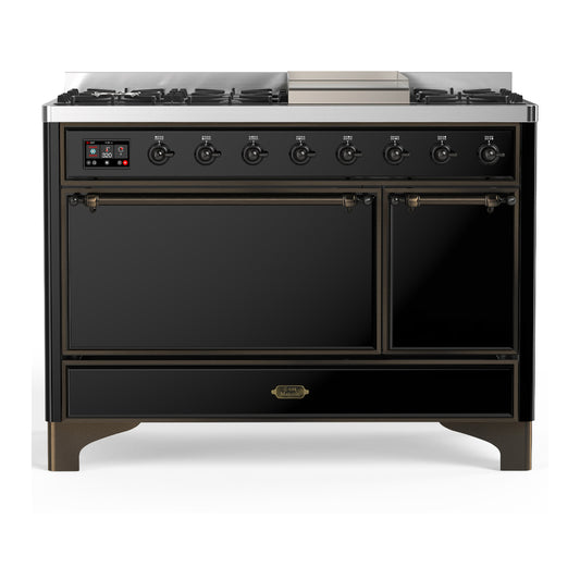 ILVE Majestic III 48" Glossy Black Dual Fuel Range with 8 Burners and Griddle Solid Door Natural Gas