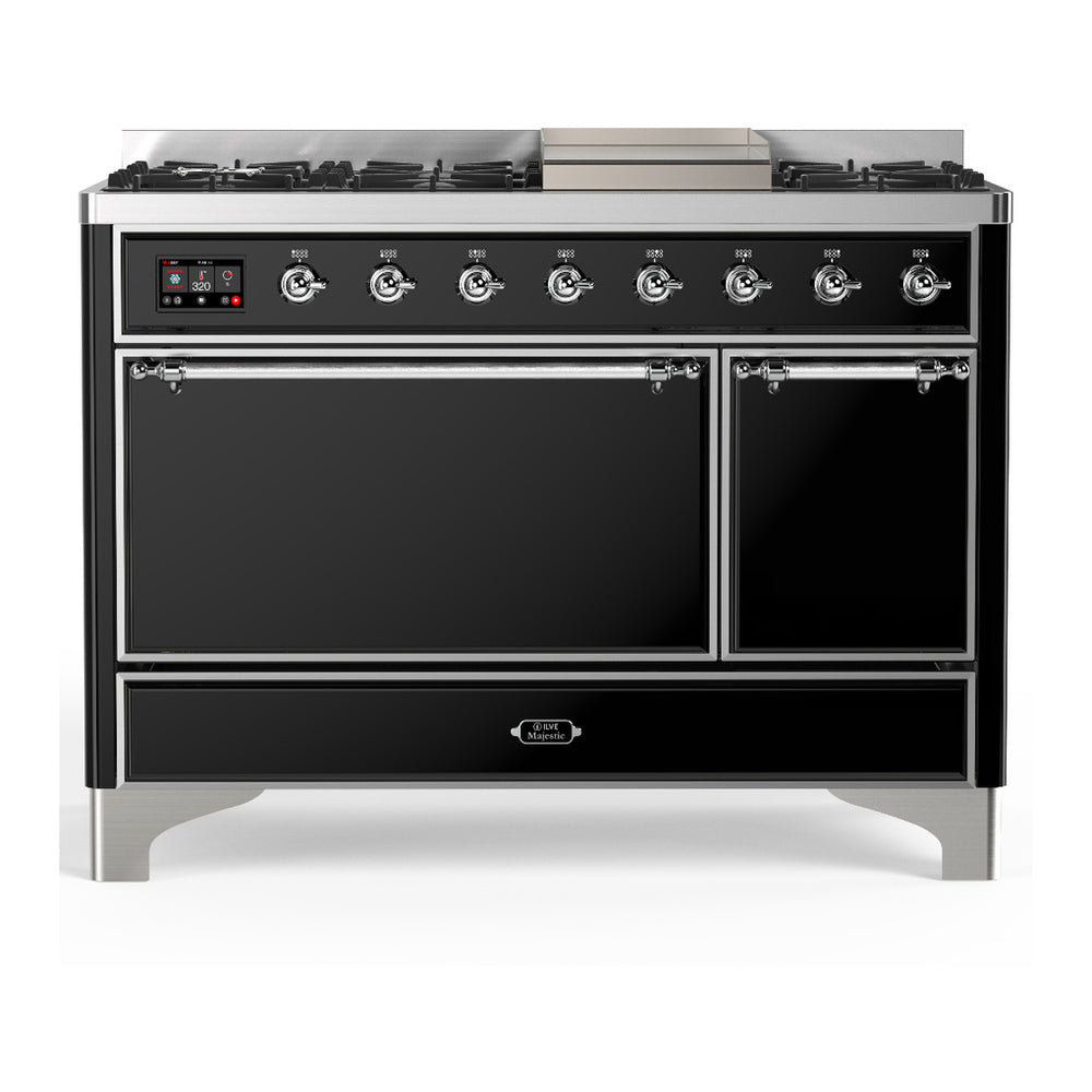 ILVE Majestic III 48" Glossy Black Dual Fuel Range with 8 Burners and Griddle Solid Door Natural Gas