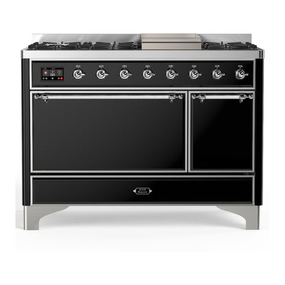 ILVE Majestic III 48" Glossy Black Dual Fuel Range with 8 Burners and Griddle Solid Door Natural Gas