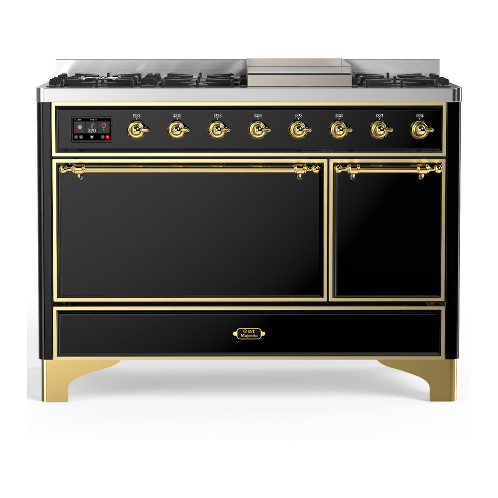 ILVE Majestic III 48" Glossy Black Dual Fuel Range with 8 Burners and Griddle Solid Door Natural Gas