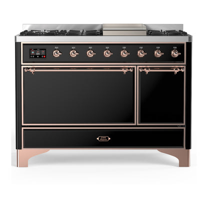 ILVE Majestic III 48" Glossy Black Dual Fuel Range with 8 Burners and Griddle Solid Door Natural Gas