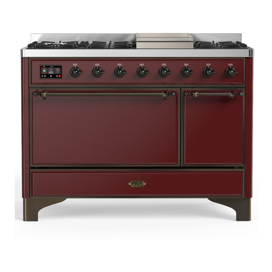 ILVE Majestic III 48" Burgundy Dual Fuel Range with 8 Burners and Griddle Solid Door Liquid Propane