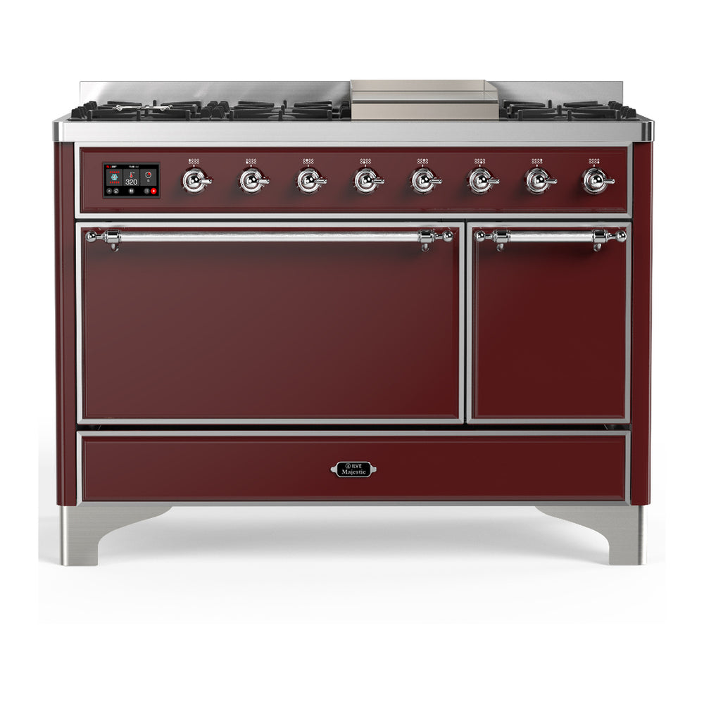 ILVE Majestic III 48" Burgundy Dual Fuel Range with 8 Burners and Griddle Solid Door Liquid Propane