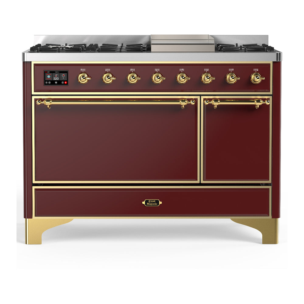 ILVE Majestic III 48" Burgundy Dual Fuel Range with 8 Burners and Griddle Solid Door Natural Gas