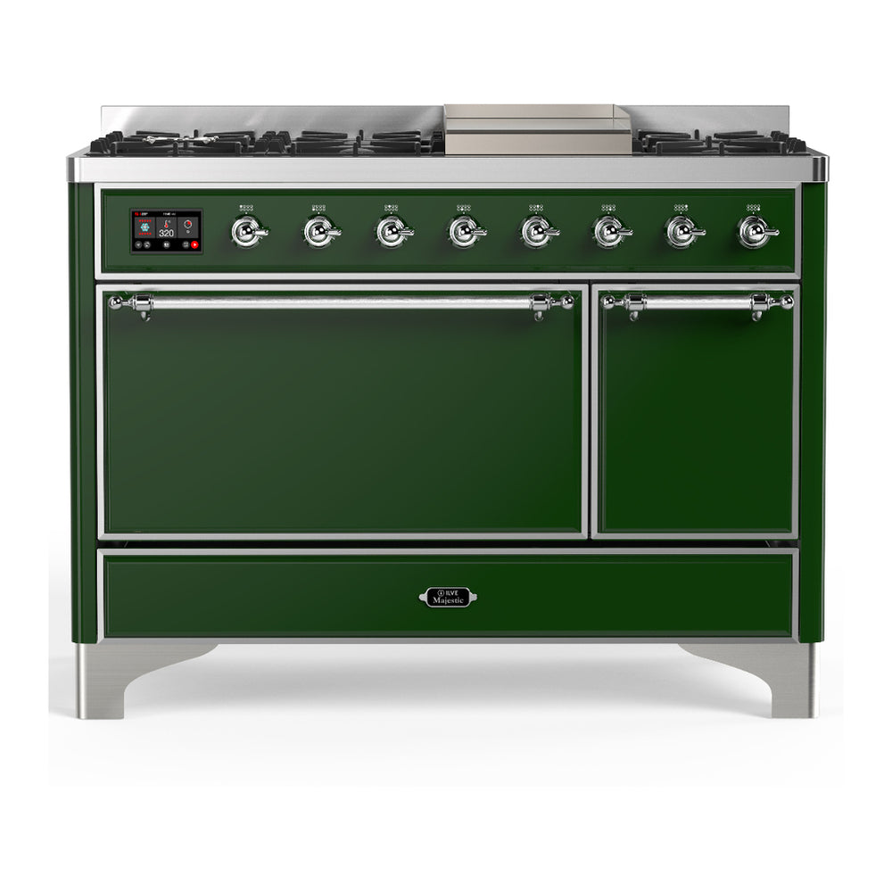 ILVE Majestic III 48" Emerald Green Dual Fuel Range with 8 Burners and Griddle Solid Door Liquid Propane