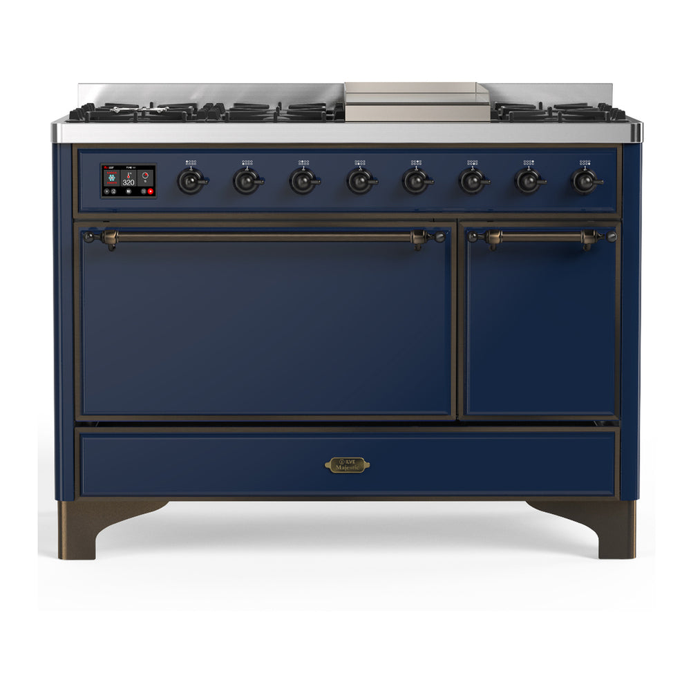 ILVE Majestic III 48" Midnight Blue Dual Fuel Range with 8 Burners and Griddle Solid Door Liquid Propane