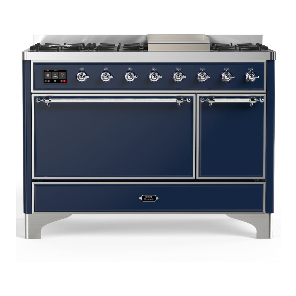 ILVE Majestic III 48" Midnight Blue Dual Fuel Range with 8 Burners and Griddle Solid Door Natural Gas