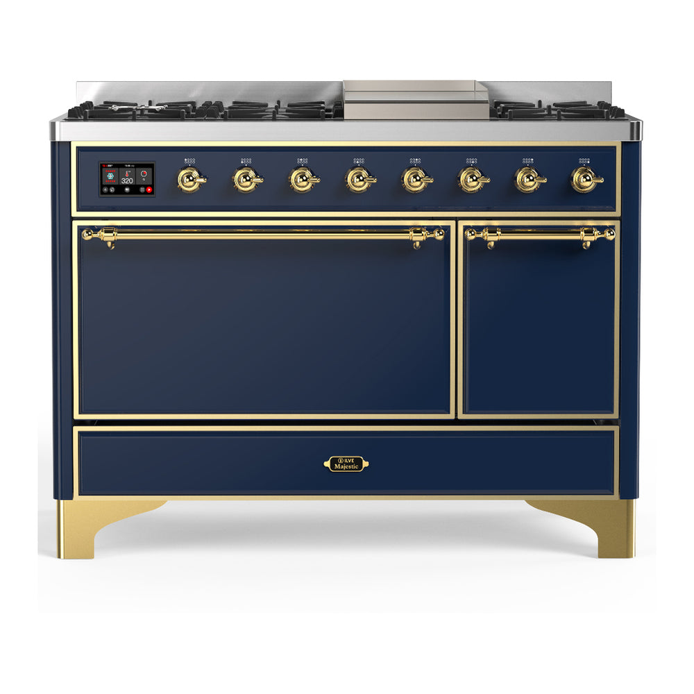 ILVE Majestic III 48" Midnight Blue Dual Fuel Range with 8 Burners and Griddle Solid Door Natural Gas