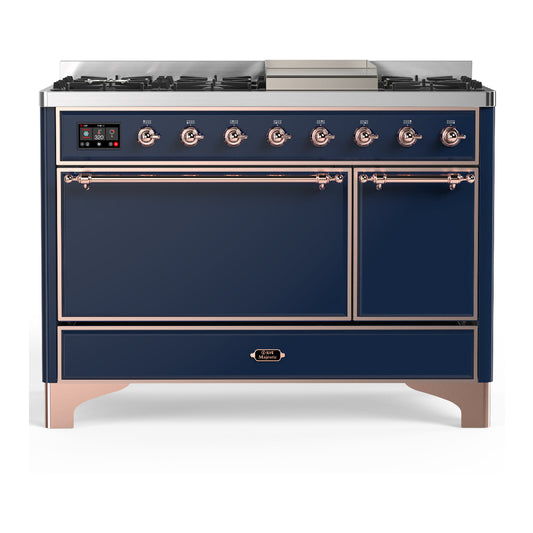 ILVE Majestic III 48" Midnight Blue Dual Fuel Range with 8 Burners and Griddle Solid Door Natural Gas