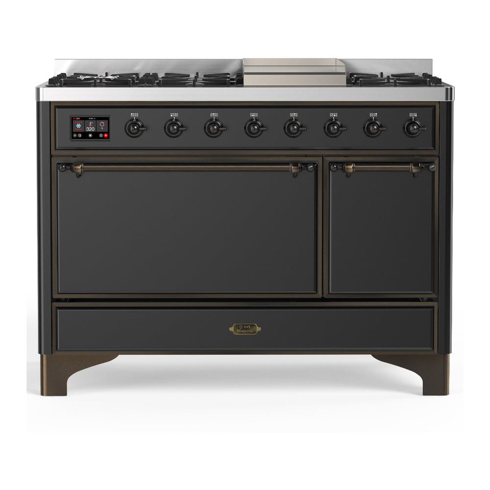 ILVE Majestic III 48" Graphite Matte Dual Fuel Range with 8 Burners and Griddle Solid Door Liquid Propane