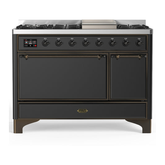 ILVE Majestic III 48" Graphite Matte Dual Fuel Range with 8 Burners and Griddle Solid Door Liquid Propane