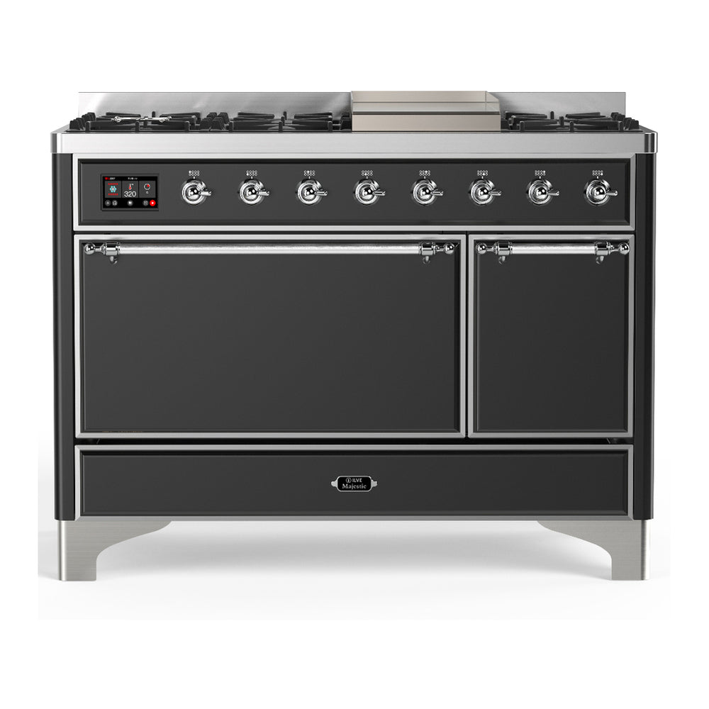 ILVE Majestic III 48" Graphite Matte Dual Fuel Range with 8 Burners and Griddle Solid Door Natural Gas