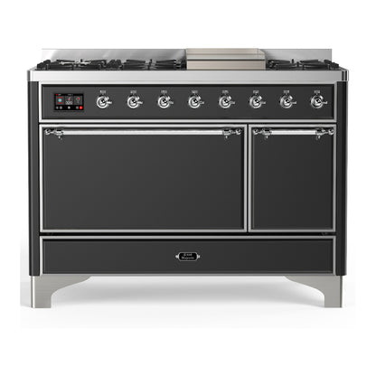 ILVE Majestic III 48" Graphite Matte Dual Fuel Range with 8 Burners and Griddle Solid Door Natural Gas