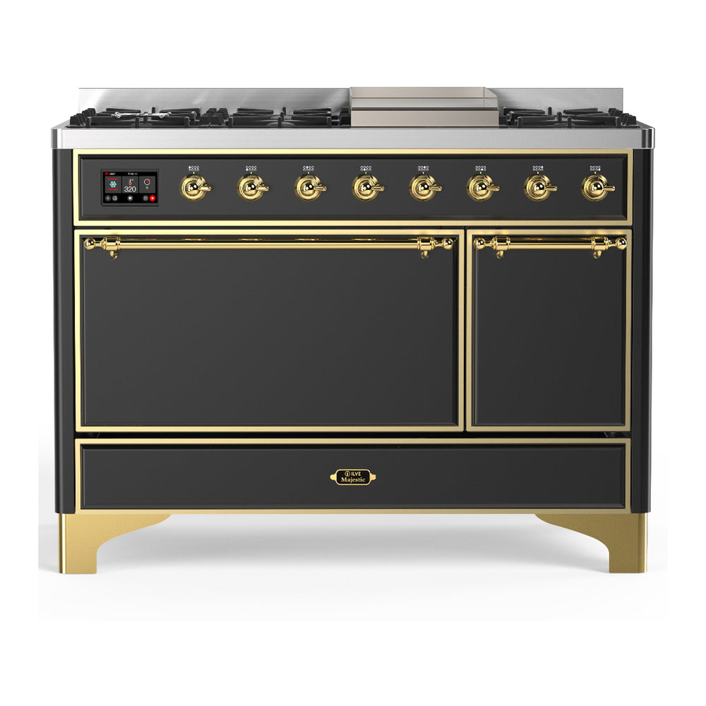 ILVE Majestic III 48" Graphite Matte Dual Fuel Range with 8 Burners and Griddle Solid Door Liquid Propane