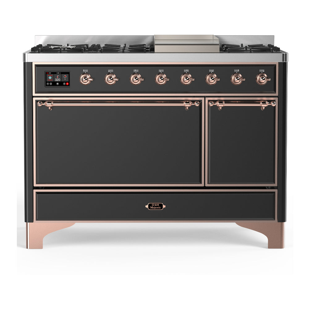 ILVE Majestic III 48" Graphite Matte Dual Fuel Range with 8 Burners and Griddle Solid Door Liquid Propane