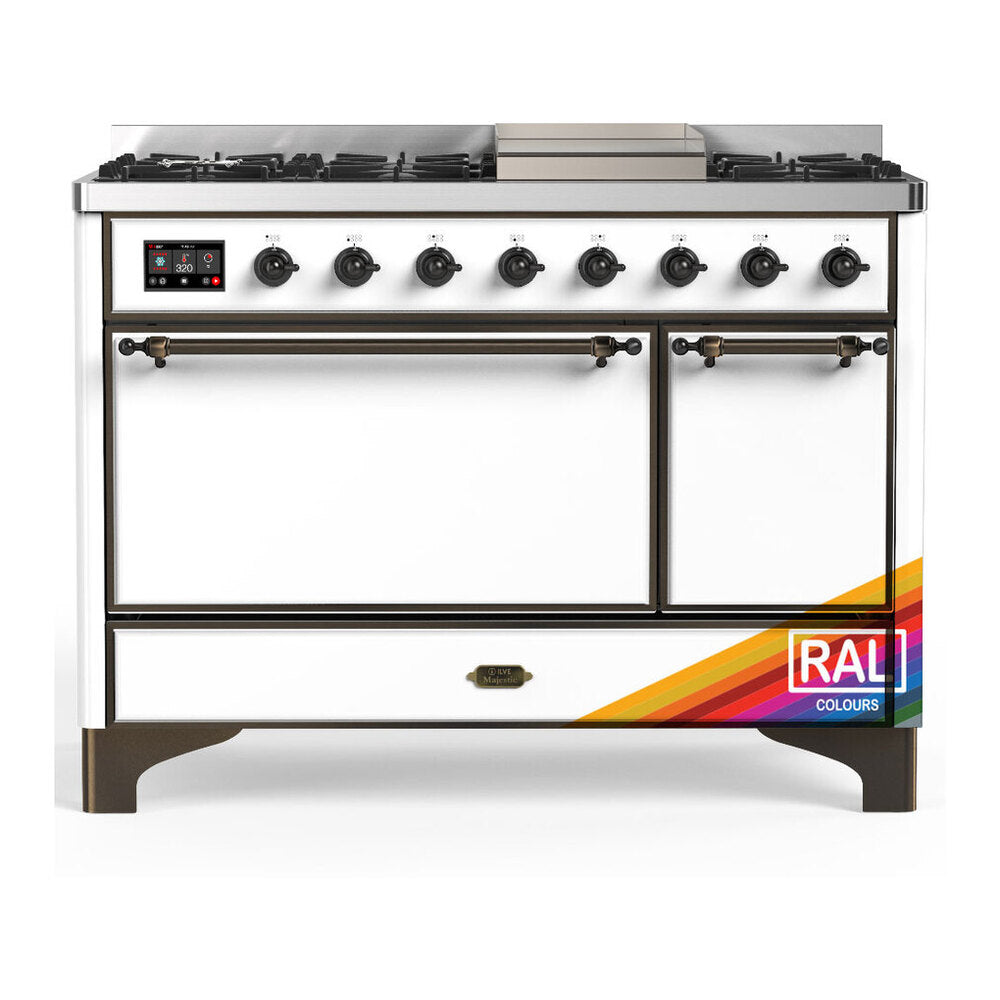 ILVE Majestic III 48" RAL Dual Fuel Range with 8 Burners and Griddle Solid Door Liquid Propane