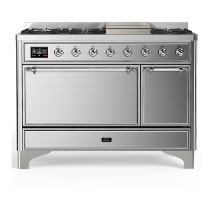 ILVE Majestic III 48" Stainless Steel Dual Fuel Range with 8 Burners and Griddle Solid Door Liquid Propane