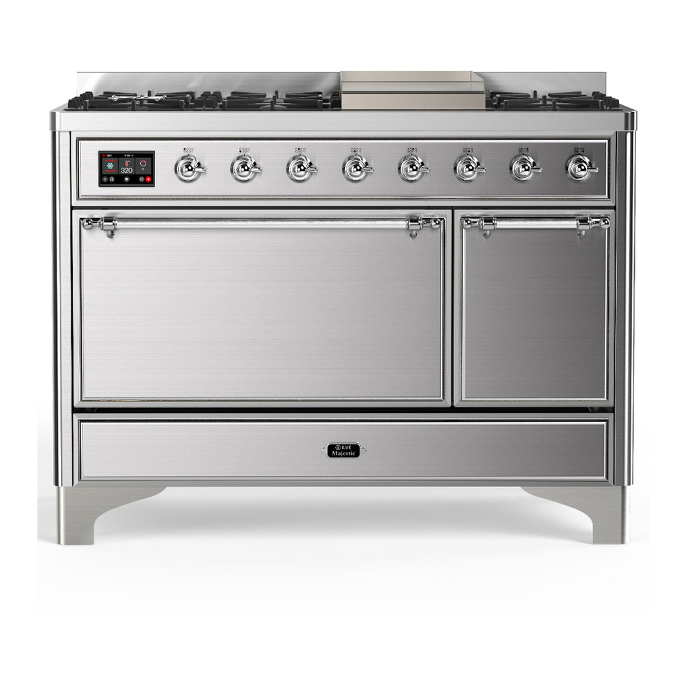 ILVE Majestic III 48" Stainless Steel Dual Fuel Range with 8 Burners and Griddle Solid Door Natural Gas