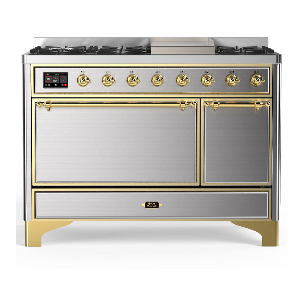 ILVE Majestic III 48" Stainless Steel Dual Fuel Range with 8 Burners and Griddle Solid Door Liquid Propane