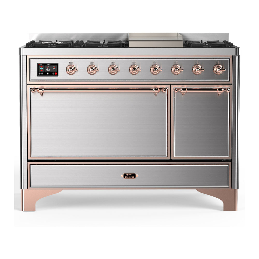 ILVE Majestic III 48" Stainless Steel Dual Fuel Range with 8 Burners and Griddle Solid Door Natural Gas