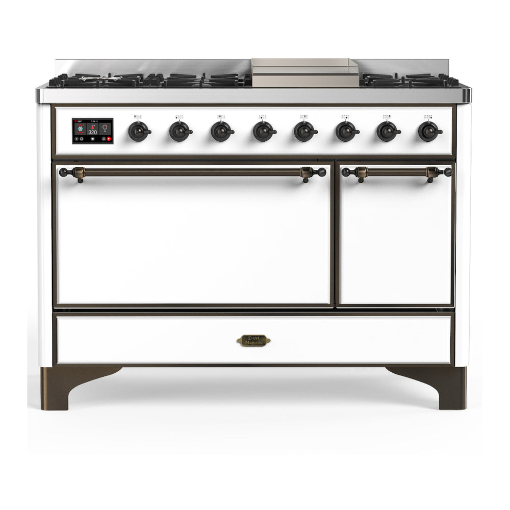 ILVE Majestic III 48" White Dual Fuel Range with 8 Burners and Griddle Solid Door Liquid Propane
