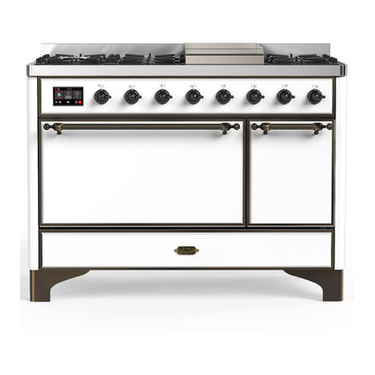 ILVE Majestic III 48" White Dual Fuel Range with 8 Burners and Griddle Solid Door Liquid Propane