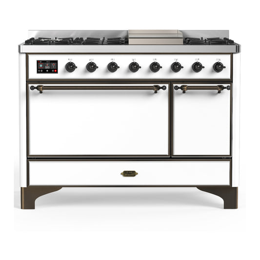 ILVE Majestic III 48" White Dual Fuel Range with 8 Burners and Griddle Solid Door Liquid Propane
