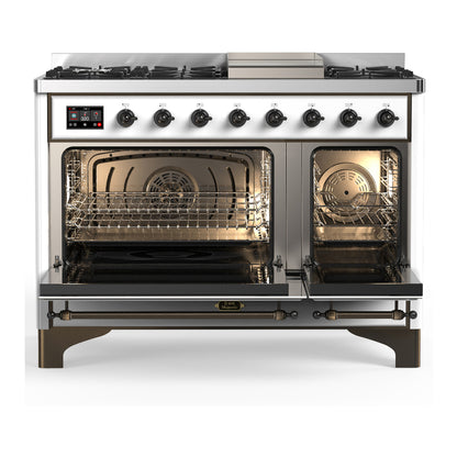 ILVE Majestic III 48" White Dual Fuel Range with 8 Burners and Griddle Solid Door Liquid Propane