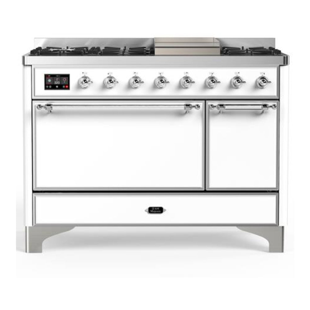 ILVE Majestic III 48" White Dual Fuel Range with 8 Burners and Griddle Solid Door Liquid Propane
