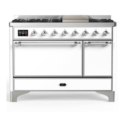 ILVE Majestic III 48" White Dual Fuel Range with 8 Burners and Griddle Solid Door Liquid Propane