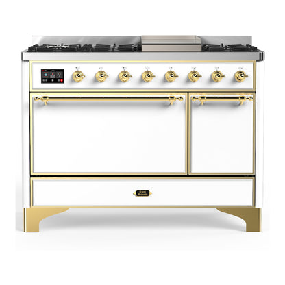 ILVE Majestic III 48" White Dual Fuel Range with 8 Burners and Griddle Solid Door Liquid Propane