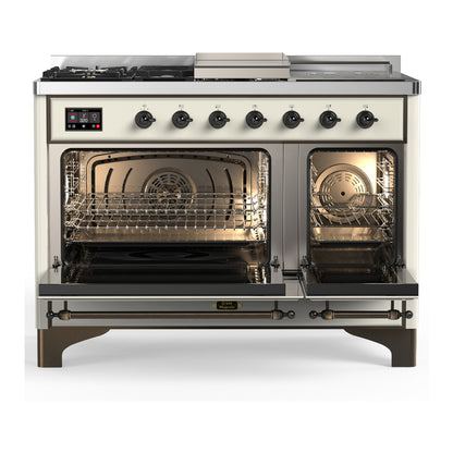 ILVE Majestic III 48" Antique White Dual Fuel Range with 5 Burners, Griddle and French Top Triple Glass Door Liquid Propane