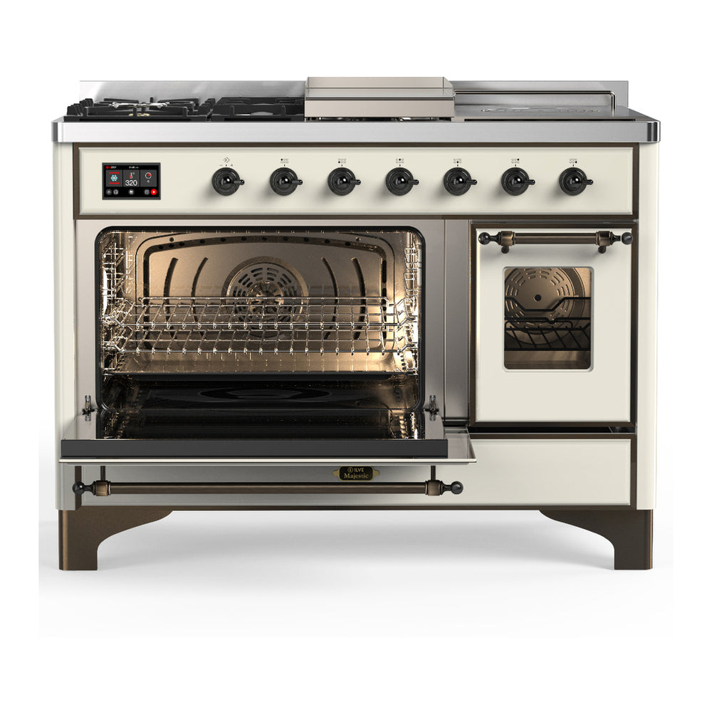 ILVE Majestic III 48" Antique White Dual Fuel Range with 5 Burners, Griddle and French Top Triple Glass Door Liquid Propane