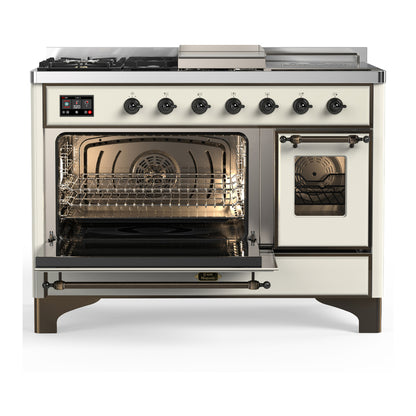 ILVE Majestic III 48" Antique White Dual Fuel Range with 5 Burners, Griddle and French Top Triple Glass Door Liquid Propane