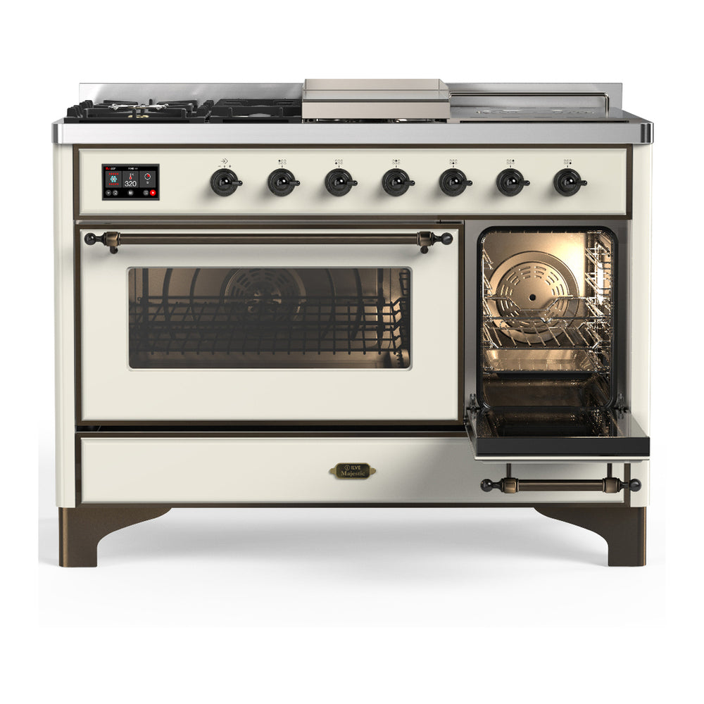 ILVE Majestic III 48" Antique White Dual Fuel Range with 5 Burners, Griddle and French Top Triple Glass Door Liquid Propane