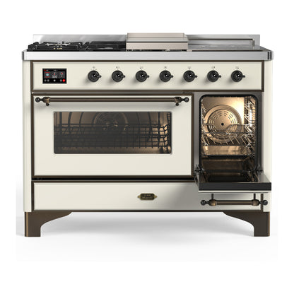 ILVE Majestic III 48" Antique White Dual Fuel Range with 5 Burners, Griddle and French Top Triple Glass Door Liquid Propane