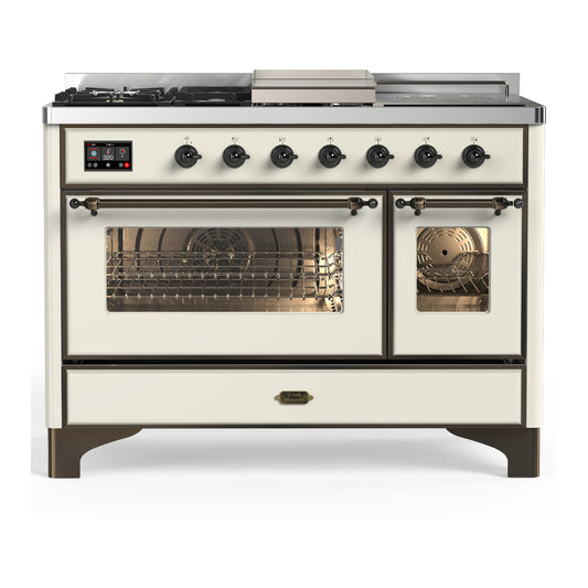 ILVE Majestic III 48" Antique White Dual Fuel Range with 5 Burners, Griddle and French Top Triple Glass Door Natural Gas