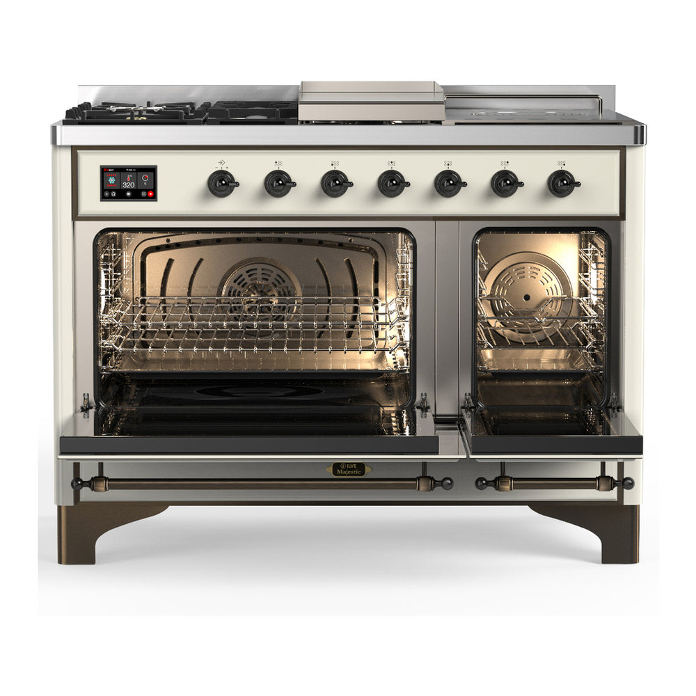 ILVE Majestic III 48" Antique White Dual Fuel Range with 5 Burners, Griddle and French Top Triple Glass Door Natural Gas