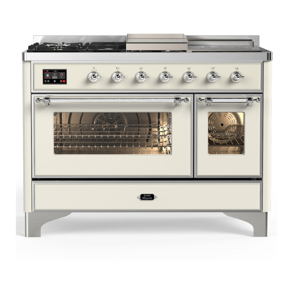 ILVE Majestic III 48" Antique White Dual Fuel Range with 5 Burners, Griddle and French Top Triple Glass Door Natural Gas