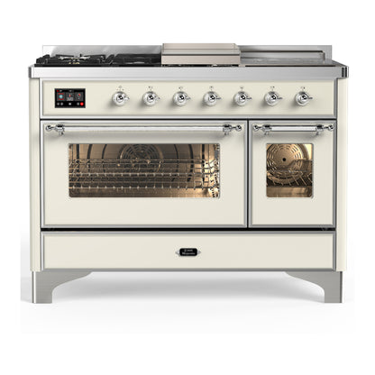 ILVE Majestic III 48" Antique White Dual Fuel Range with 5 Burners, Griddle and French Top Triple Glass Door Natural Gas