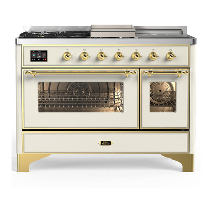 ILVE Majestic III 48" Antique White Dual Fuel Range with 5 Burners, Griddle and French Top Triple Glass Door Liquid Propane
