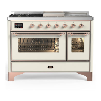 ILVE Majestic III 48" Antique White Dual Fuel Range with 5 Burners, Griddle and French Top Triple Glass Door Liquid Propane