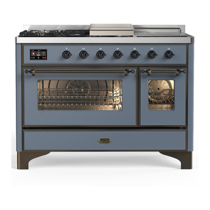 ILVE Majestic III 48" Blue Grey Dual Fuel Range with 5 Burners, Griddle and French Top Triple Glass Door Liquid Propane