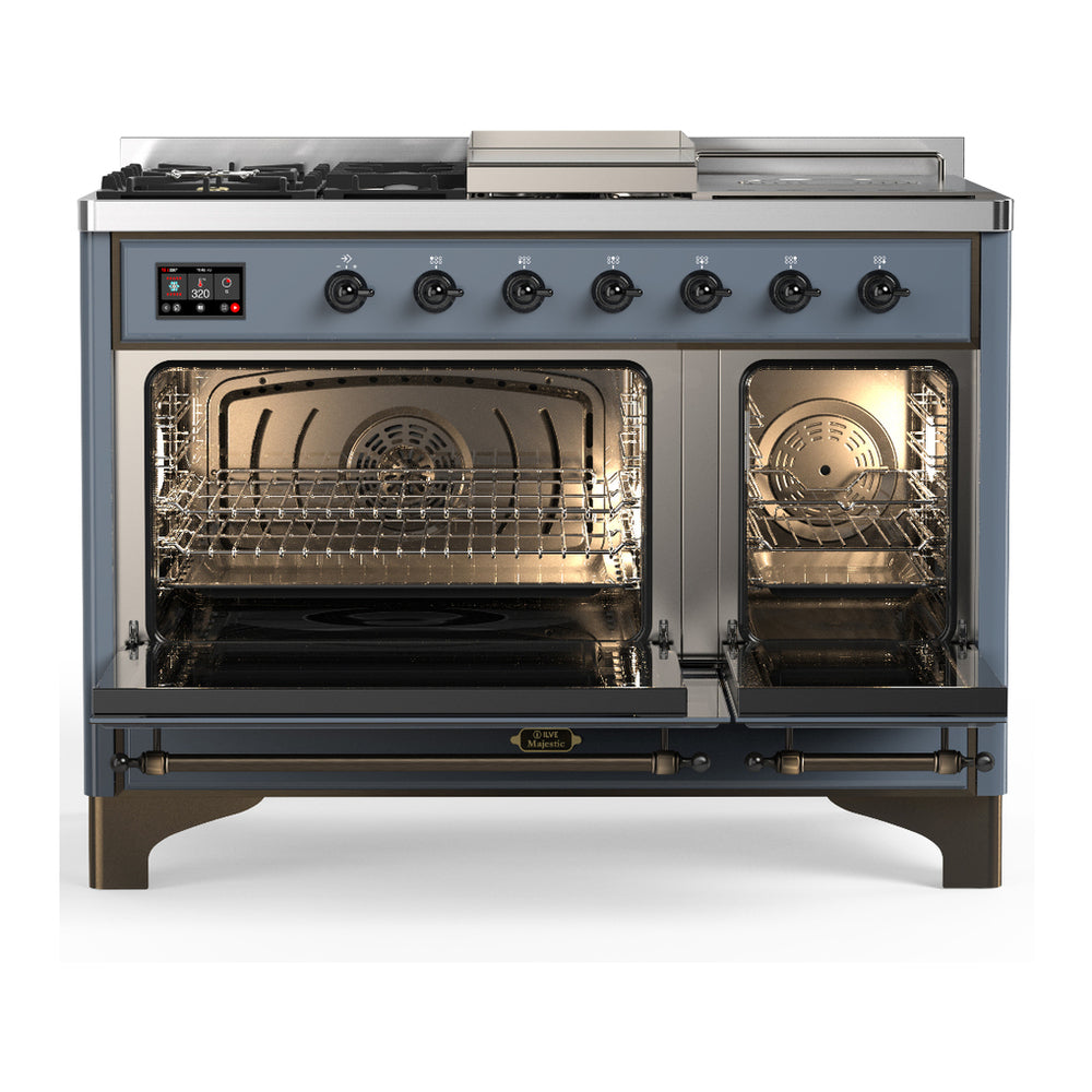 ILVE Majestic III 48" Blue Grey Dual Fuel Range with 5 Burners, Griddle and French Top Triple Glass Door Liquid Propane