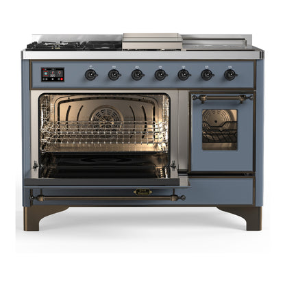 ILVE Majestic III 48" Blue Grey Dual Fuel Range with 5 Burners, Griddle and French Top Triple Glass Door Liquid Propane