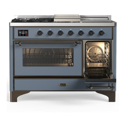 ILVE Majestic III 48" Blue Grey Dual Fuel Range with 5 Burners, Griddle and French Top Triple Glass Door Liquid Propane