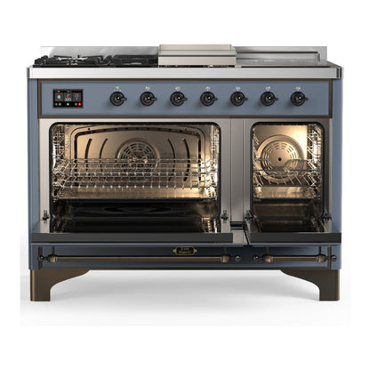 ILVE Majestic III 48" Blue Grey Dual Fuel Range with 5 Burners, Griddle and French Top Triple Glass Door Natural Gas