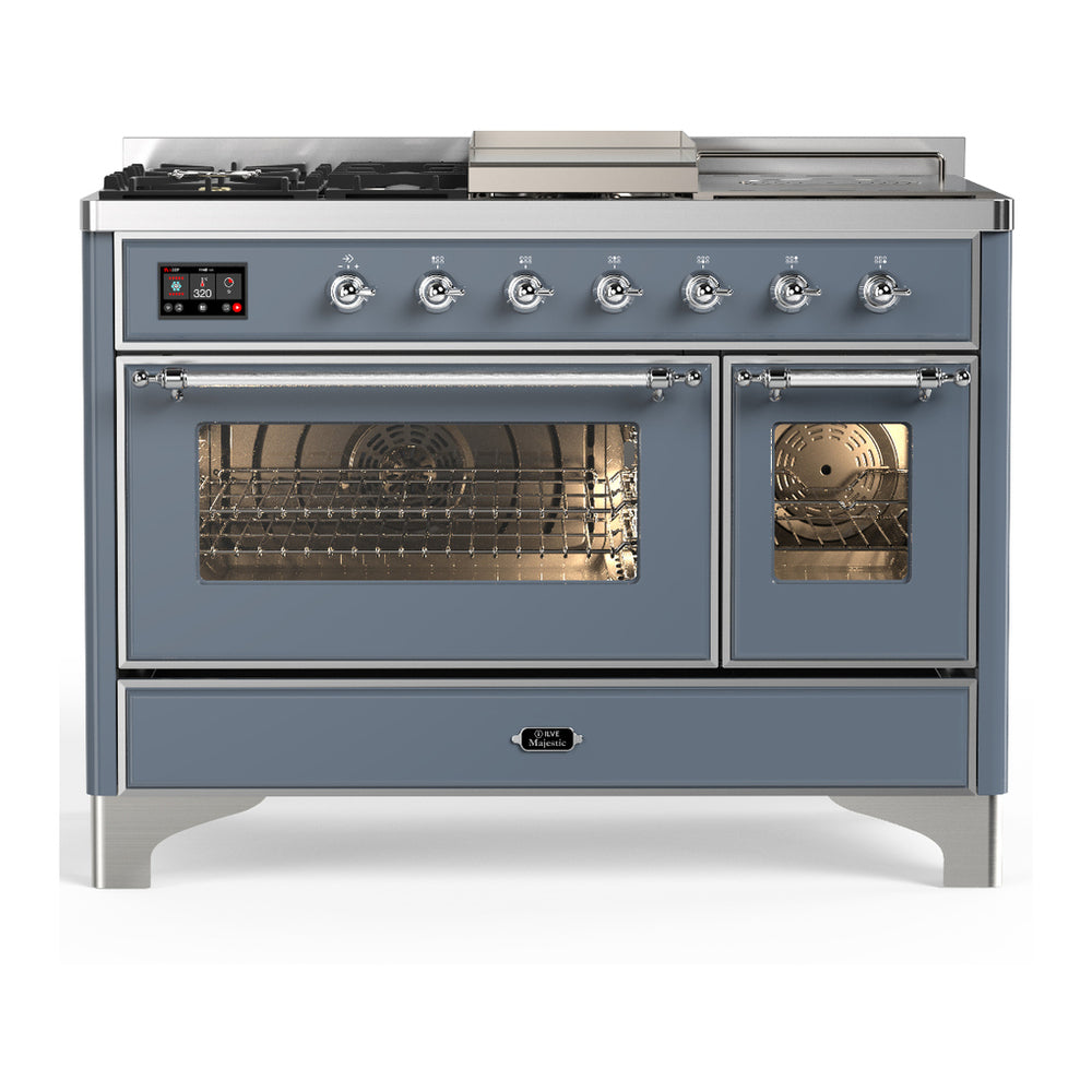 ILVE Majestic III 48" Blue Grey Dual Fuel Range with 5 Burners, Griddle and French Top Triple Glass Door Liquid Propane